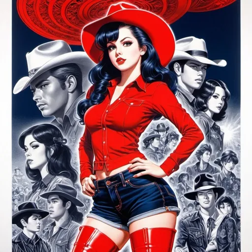 Prompt: Virgil Finlay, Tsubaki Nekoi, Vasanti Unka, Hiroshi Masumura, Chiho Saito, goth punk in black jean shorts and red cowboy boot and hat, detailed masterpiece low high angles perspectives, lana del rey, Wednesday adams, full body pinup, red and navy color