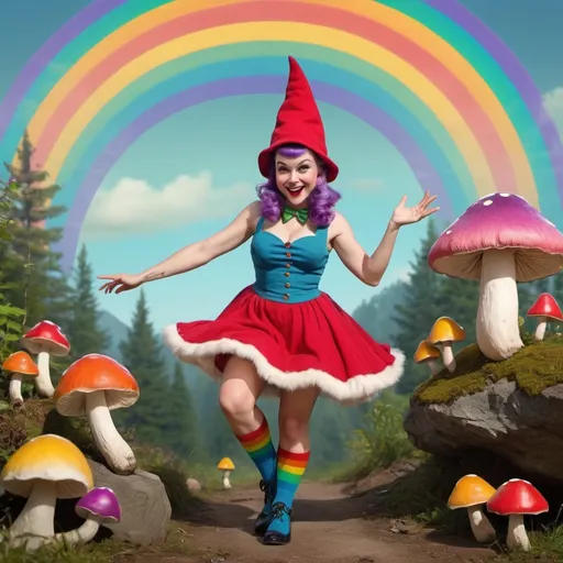 Prompt: jolly pinup female gnome, dancing, action pose, high quality, highres, 1950s, vintage, rainbow mushrooms, dreamlike, surreal, whimsical, mystical setting, fairytale, vibrant colors