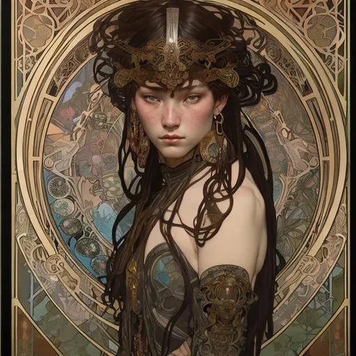 Prompt: badass female warrior by alphonse mucha and chie yoshii and casey weldon and wlop : : ornate, masterpiece, rich colors, intricate, elegant, highly detailed, vogue art, fashion magazine, smooth, sharp focus, 8 k, octane render