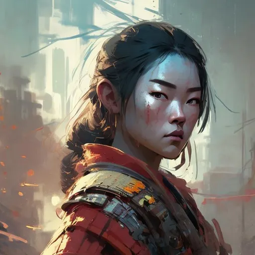 Prompt: detailed face, samurai warrior woman, heavily detailed, unique universe, concept art, primary color hues, magical world, bright uplifting tones, dynamic lighting, professional, highres, ultra-detailed, retro-futurism, comic style, dynamic lighting, unique concept,  atey ghailan, Art by Jock, pino daeni , art by lois van baarle and loish and ross tran , Charles Vess, Chiho Aoshima , Kay Nielsen, dark ambient, chiaroscuro, Simon Bisley, and H.R. Giger. insist artstation, art by stanley artgerm, painting by daniel f gerhartz, art by Andrew Atroshenko,