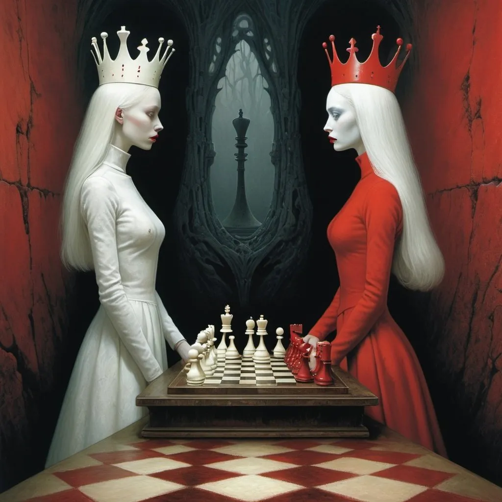 Prompt: red queen versus white queen in the world of Beksinski, chess, harpers bazaar