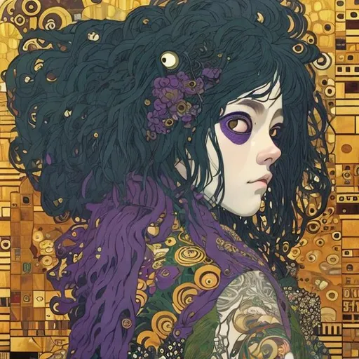 Prompt: beautiful fierce adult punk woman with wide set eyes and wild purple hair, style of studio ghibli, gustav klimt, high quality, realistic