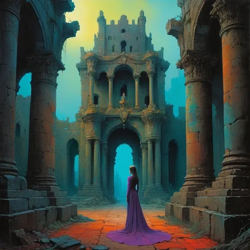 Prompt: lonely princess among palatial ruins, dreamy, dark fantasy, animated style, mysterious, masterpiece painting, jewel colors, detailed, Beksinski