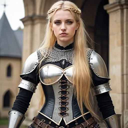 Prompt: woman in modern knightcore outfit, renaissance outfit, ranger, punk, chain mail, corset, long blonde hair, joan of arc, beautiful 