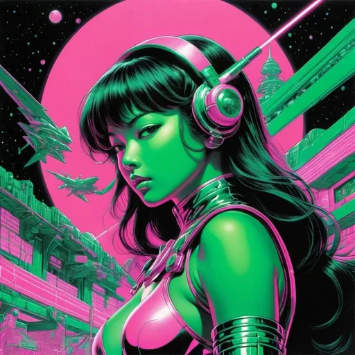 Prompt: Virgil Finlay, Tsubaki Nekoi, Vasanti Unka, Hiroshi Masumura, Chiho Saito, Surrealism, wonder, strange, bizarre, fantasy, Sci-fi, Japanese anime, cyberpunk bounty hunter, bionic, detailed masterpiece low high angles perspectives, glowing neon, pink and green colors