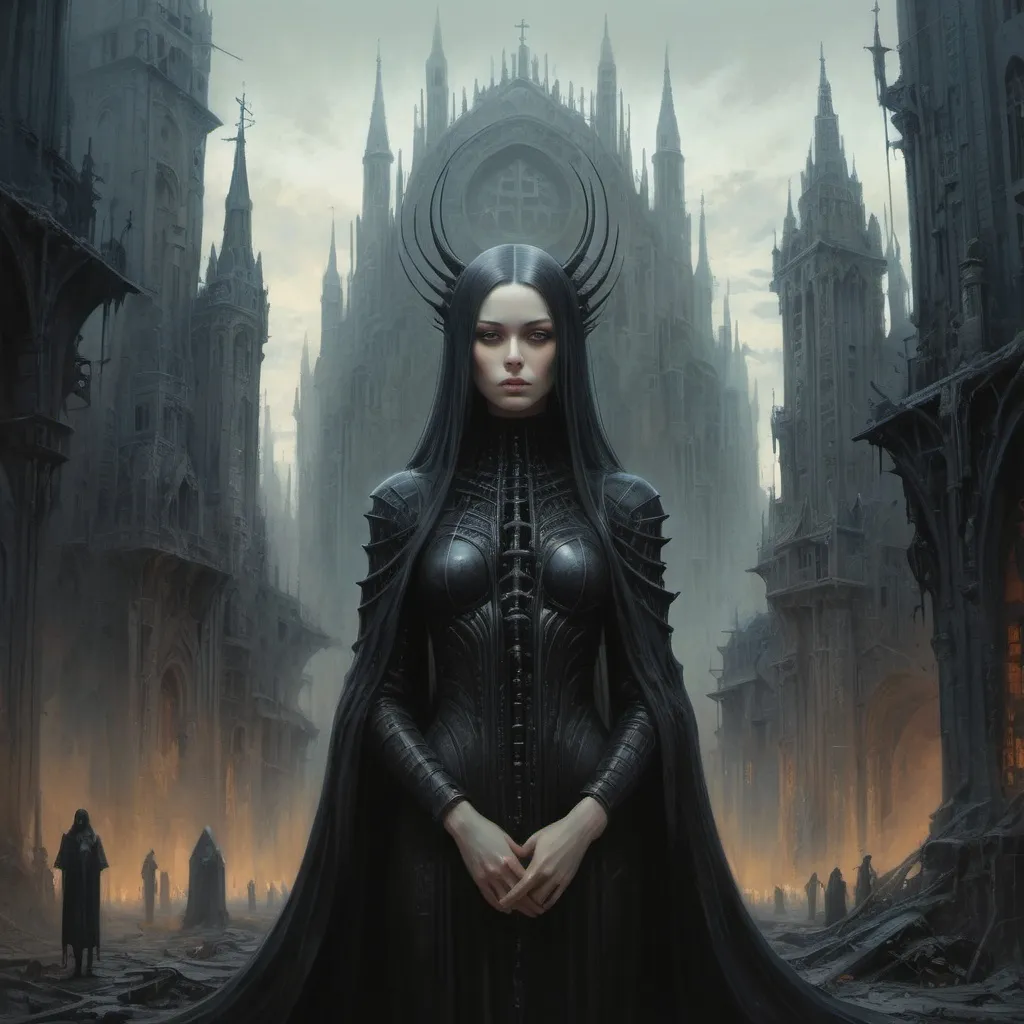 Prompt: woman standing in front of gothic catholic style dystopian city in style of Beksinski, catholic iconography, harpers bazaar, Art by Jock, pino daeni , art by lois van baarle and loish and ross tran , Charles Vess, Chiho Aoshima , Kay Nielsen, dark ambient, chiaroscuro, Simon Bisley, and H.R. Giger. insist artstation, art by stanley artgerm, painting by daniel f gerhartz, art by Andrew Atroshenko,