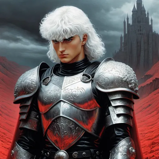 Prompt: Griffith from berserk in the world of Beksinski, harpers bazaar