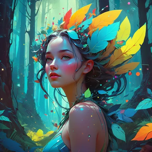 Prompt: lovely forest nymph, heavily detailed, organic shapes, unique universe, concept art, primary color hues, magical world, bright uplifting tones, dynamic lighting, professional, highres, ultra-detailed, retro-futurism, dynamic lighting, unique concept,  atey ghailan, Art by Jock, pino daeni 