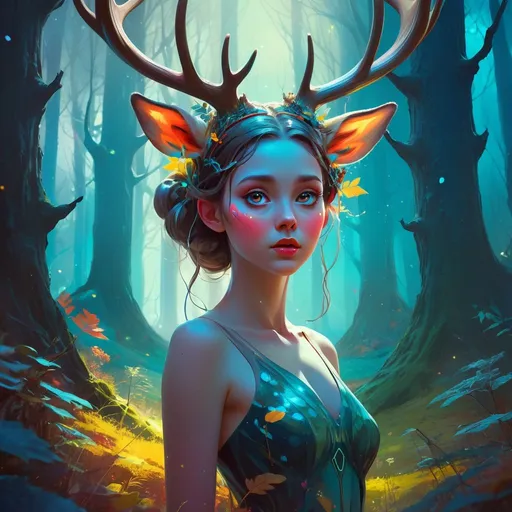 Prompt: lovely forest nymph with deer antlers, large eyes, heavily detailed, organic shapes, unique universe, concept art, primary color hues, magical world, bright uplifting tones, dynamic lighting, professional, highres, ultra-detailed, retro-futurism, dynamic lighting, unique concept,  atey ghailan, Art by Jock, pino daeni 