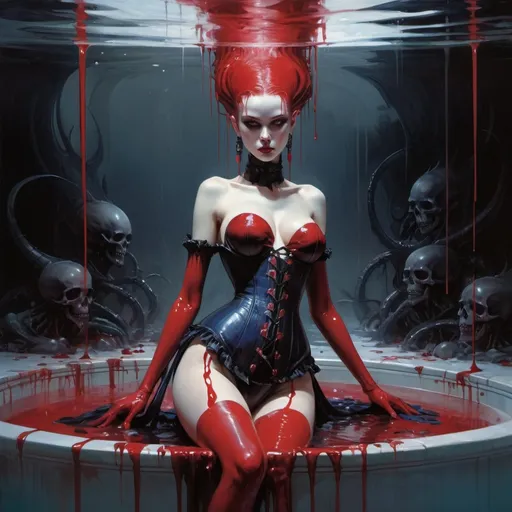 Prompt: blood witch in boned corset standing in a pool of blood, harpers bazaar, red and navy colors, Art by Jock, pino daeni , art by lois van baarle and loish and ross tran , Charles Vess, Chiho Aoshima , Kay Nielsen, dark ambient, chiaroscuro, Simon Bisley, and H.R. Giger. insist artstation, art by stanley artgerm, painting by daniel f gerhartz, art by Andrew Atroshenko,