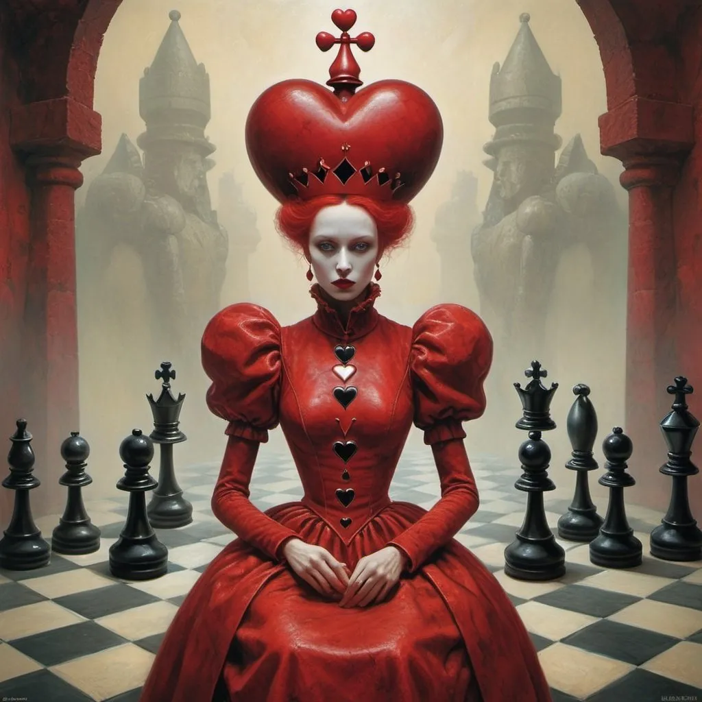 Prompt: red queen of hearts in the world of Beksinski, chess, harpers bazaar