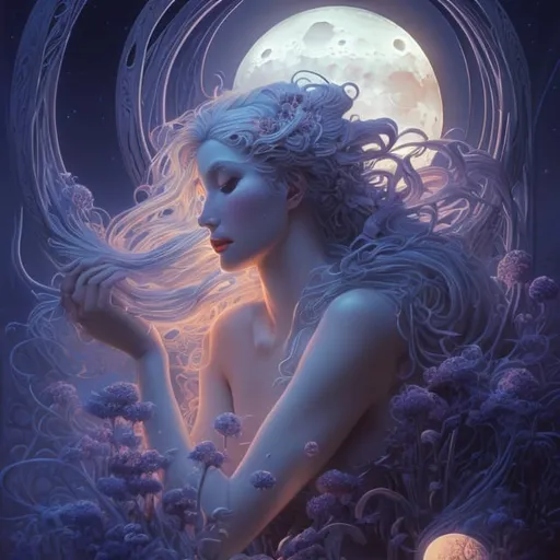 Prompt: moon goddess, high quality, in the style Michael Whelan, moonlit flowers, highres, fantasy, ethereal lighting, enchanting atmosphere, dreamlike, surreal, whimsical, mystical setting, fairytale, vibrant colors, soft moonlight, illustration