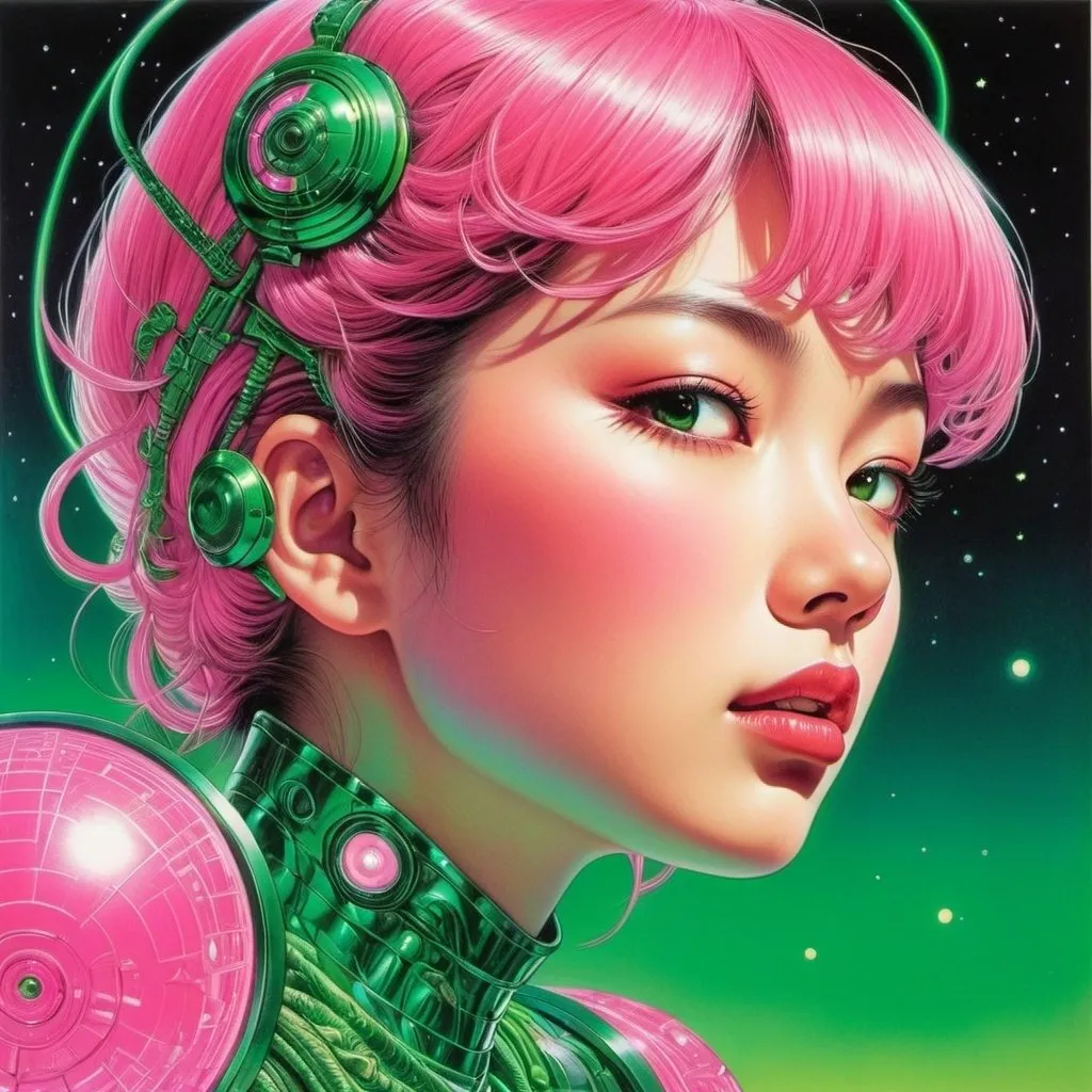 Prompt: Virgil Finlay, Tsubaki Nekoi, Vasanti Unka, Hiroshi Masumura, Chiho Saito, Surrealism, wonder, strange, bizarre, fantasy, Sci-fi, Japanese anime, cyberpunk model, bionic, detailed masterpiece low high angles perspectives, glowing neon, pink and green colors