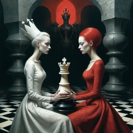 Prompt: red queen and white queen in the world of Beksinski, chess, harpers bazaar
