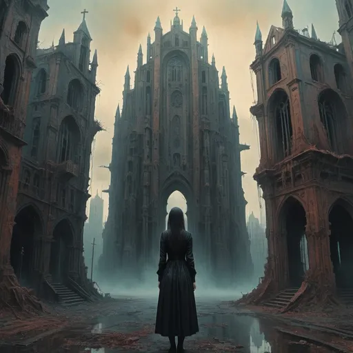 Prompt: woman standing in front of gothic catholic style dystopian city in style of Beksinski