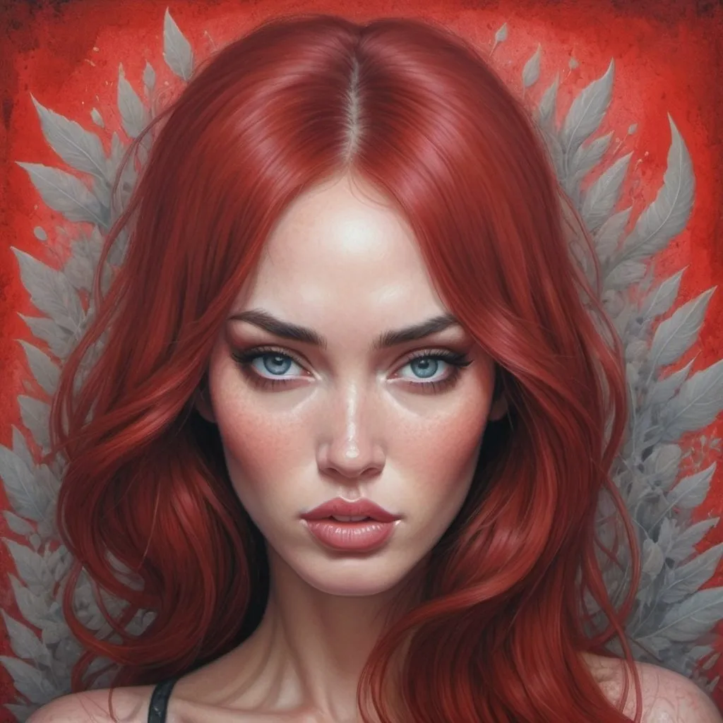 Prompt: Gouache paint painting of a red head megan fox, pastel goth color, dreamy, surrealism, abstract painted background with gouache paint strokes, intricate details, 3D rendering, octane rendering . Nicoletta Ceccoli style, Virgil Finlay, Tsubaki Nekoi, Vasanti Unka, Hiroshi Masumura, Chiho Saito,
