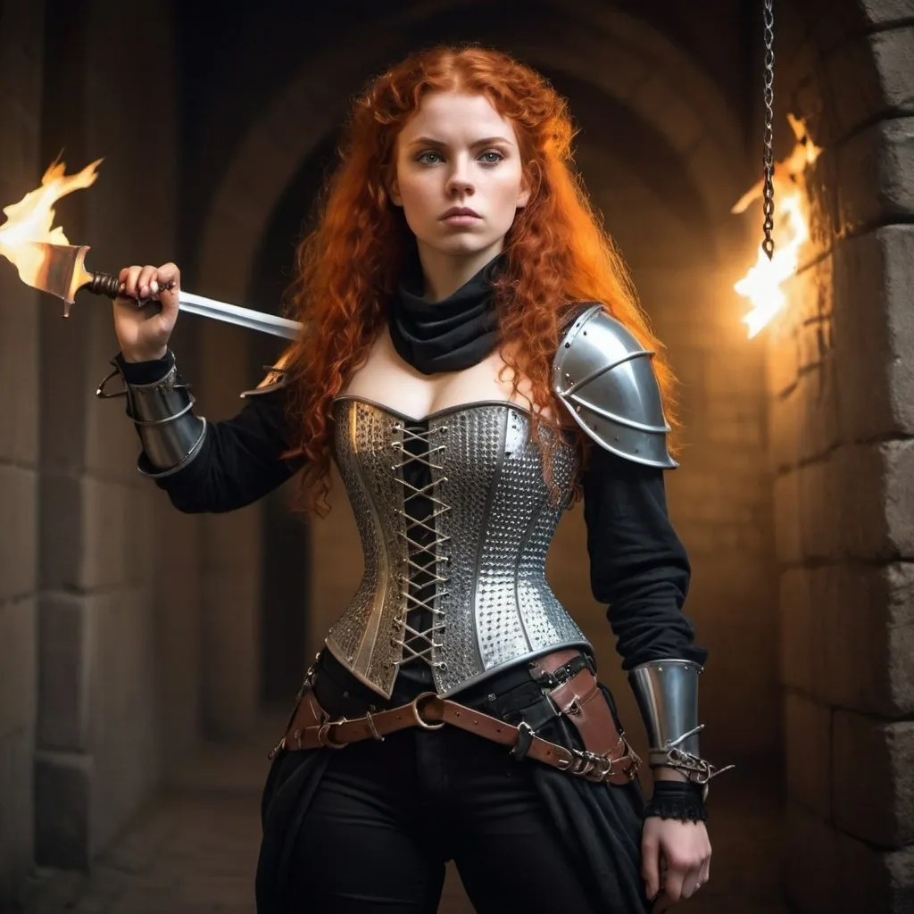 Prompt: woman in modern knightcore outfit, renaissance outfit with pants, ranger, punk, body in action post, chain mail, corset, joan of arc, resembles princess Merida, beautiful, dramatic lighting