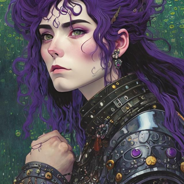 Prompt: strong beautiful adult punk woman with a strong jawline dark eyebrows and wild purple hair wearing shining armor, style of studio ghibli, gustav klimt, pixar, high quality, realistic, photo realistic