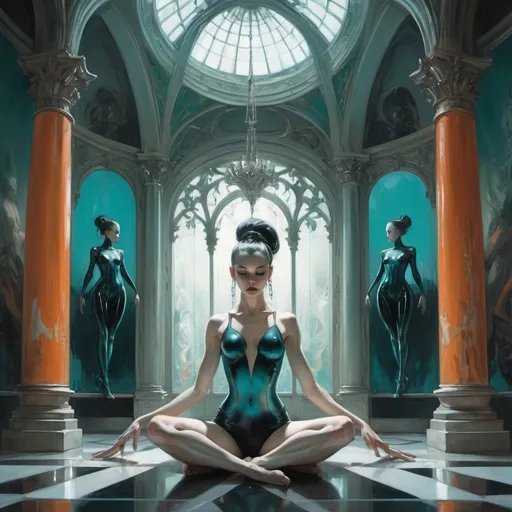 Prompt: gothic Elizabethan contortionist gymnast in a hall of mirrors, harpers bazaar, orange and teal colors, Art by Jock, pino daeni , art by lois van baarle and loish and ross tran , Charles Vess, Chiho Aoshima , Kay Nielsen, dark ambient, chiaroscuro, Simon Bisley, and H.R. Giger. insist artstation, art by stanley artgerm, painting by daniel f gerhartz, art by Andrew Atroshenko,