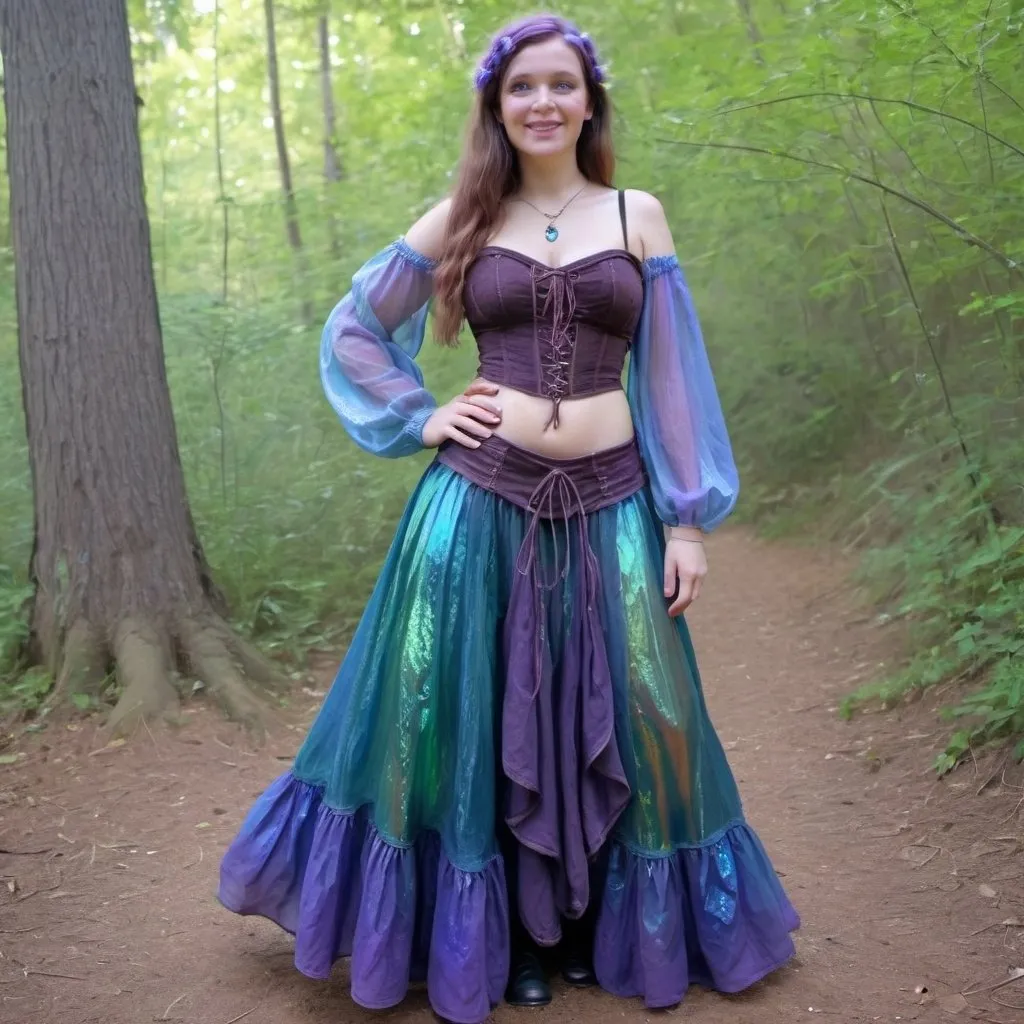 Prompt: fairy mermaid Renaissance fair outfit, gauzy and iridescent fabric, iridescent billowing layered gypsy peasant skirt and cinched corset, shiny translucent iridescent purple green and blue
