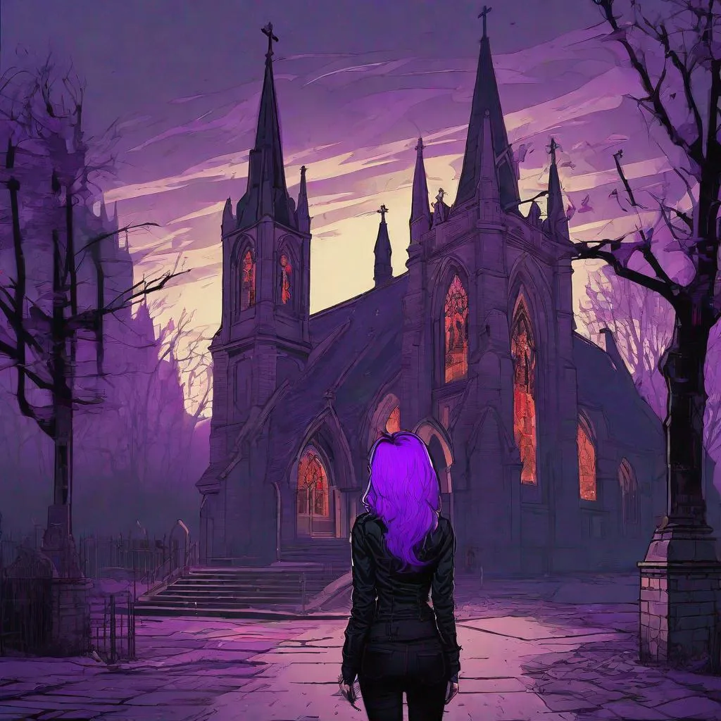 Prompt: gothic punk woman with purple hair before a gothic church, Dan Mumford, Brock Hofer, trending on artstation