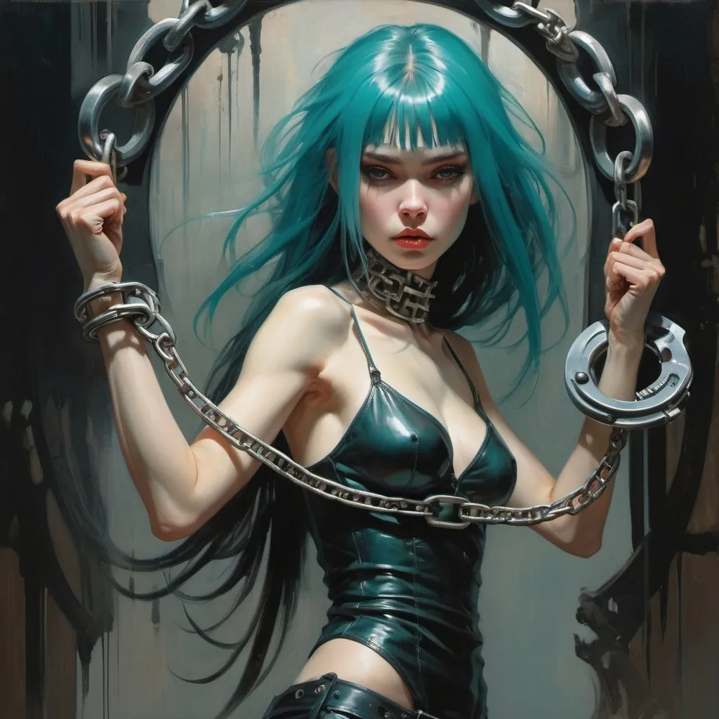 Prompt: woman violently breaking free from large chain shackles handcuffs, action pose, harpers bazaar, orange and teal colors, Art by Jock, pino daeni , art by lois van baarle and loish and ross tran , Charles Vess, Chiho Aoshima , Kay Nielsen, dark ambient, chiaroscuro, Simon Bisley, and H.R. Giger. insist artstation, art by stanley artgerm, painting by daniel f gerhartz, art by Andrew Atroshenko,