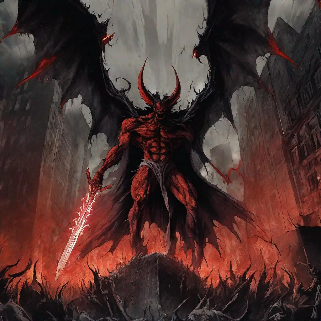 Prompt: Devilman in anguish, detailed tears, demonic creature, towering great sword, intense emotional pain, horror, dark tones, fiery lighting, high quality, detailed, demonic, horror, intense emotions, dark tones, fiery lighting, digital art, graffiti