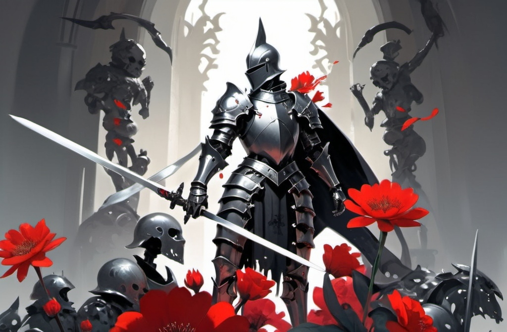 Prompt: a digital painting of a knight with a sword in his hand and a red flower in his hand, surrounded by other metal figures, Chen Chun, gothic art, rossdraws global illumination, concept art