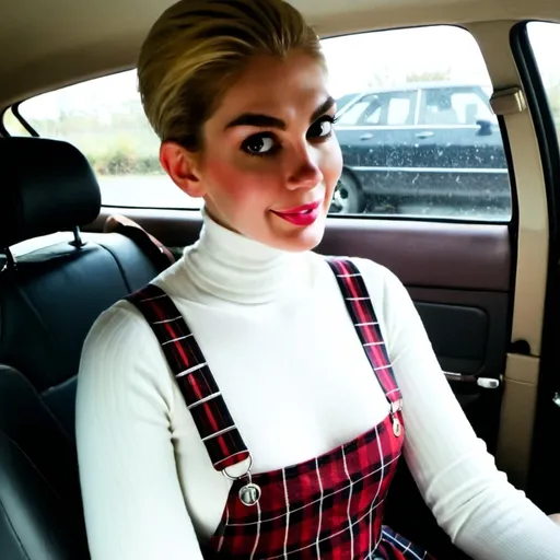 Prompt: Woman with a short shaved bowlcut in car wearing a white turtleneck shirt under a plaid pinafore dress
