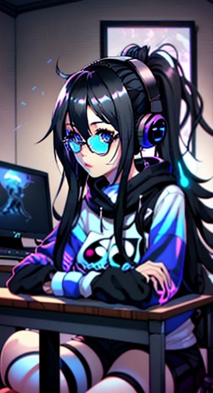 Prompt: A gamer girl, with blue eyes, black hipster style glasses, A black cat on the desk, and long wavy black hair