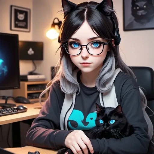 Prompt: A gamer girl, with blue eyes, black hipster style glasses, A black cat on the desk, and long wavy black hair