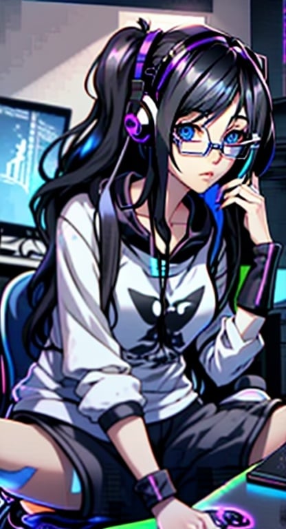 Prompt: A gamer girl, with blue eyes, black hipster style glasses, A black cat on the desk, and long wavy black hair