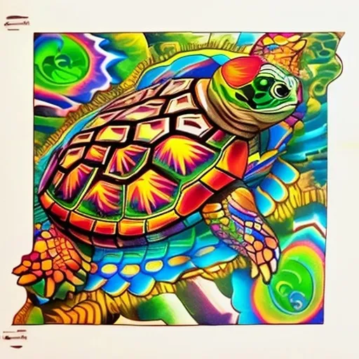 Prompt: colorful turtle tattoo with a stylized, almost psychedelic shell design. The turtle is viewed from above, with its limbs, head, and tail extending outward. The shell features a concentric, spiraling pattern with alternating bands of green and orange-brown hues, outlined in bold black lines. The head has bright red eyes, adding a vivid contrast. The tattoo has a playful yet detailed artistic style, with a mix of realism and abstract design elements. It appears fresh, with vibrant ink