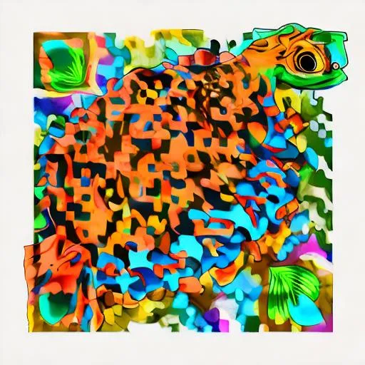 Prompt: colorful turtle tattoo with a stylized, almost psychedelic shell design. The turtle is viewed from above, with its limbs, head, and tail extending outward. The shell features a concentric, spiraling pattern with alternating bands of green and orange-brown hues, outlined in bold black lines. The head has bright red eyes, adding a vivid contrast. The tattoo has a playful yet detailed artistic style, with a mix of realism and abstract design elements. It appears fresh, with vibrant ink