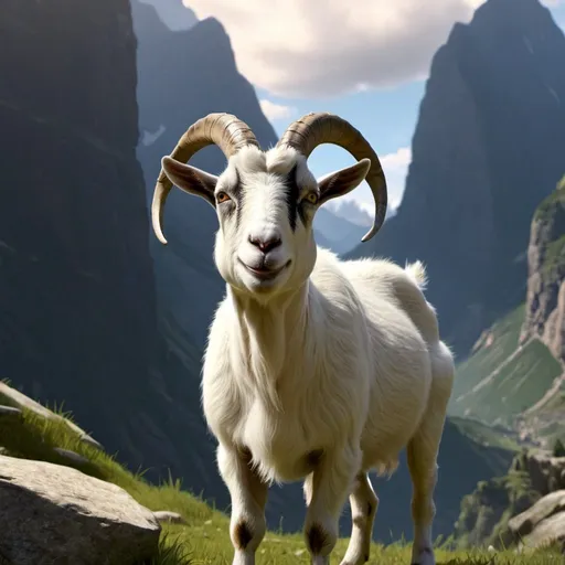 Prompt: take the goat from the last image and put him in a legendary setting

