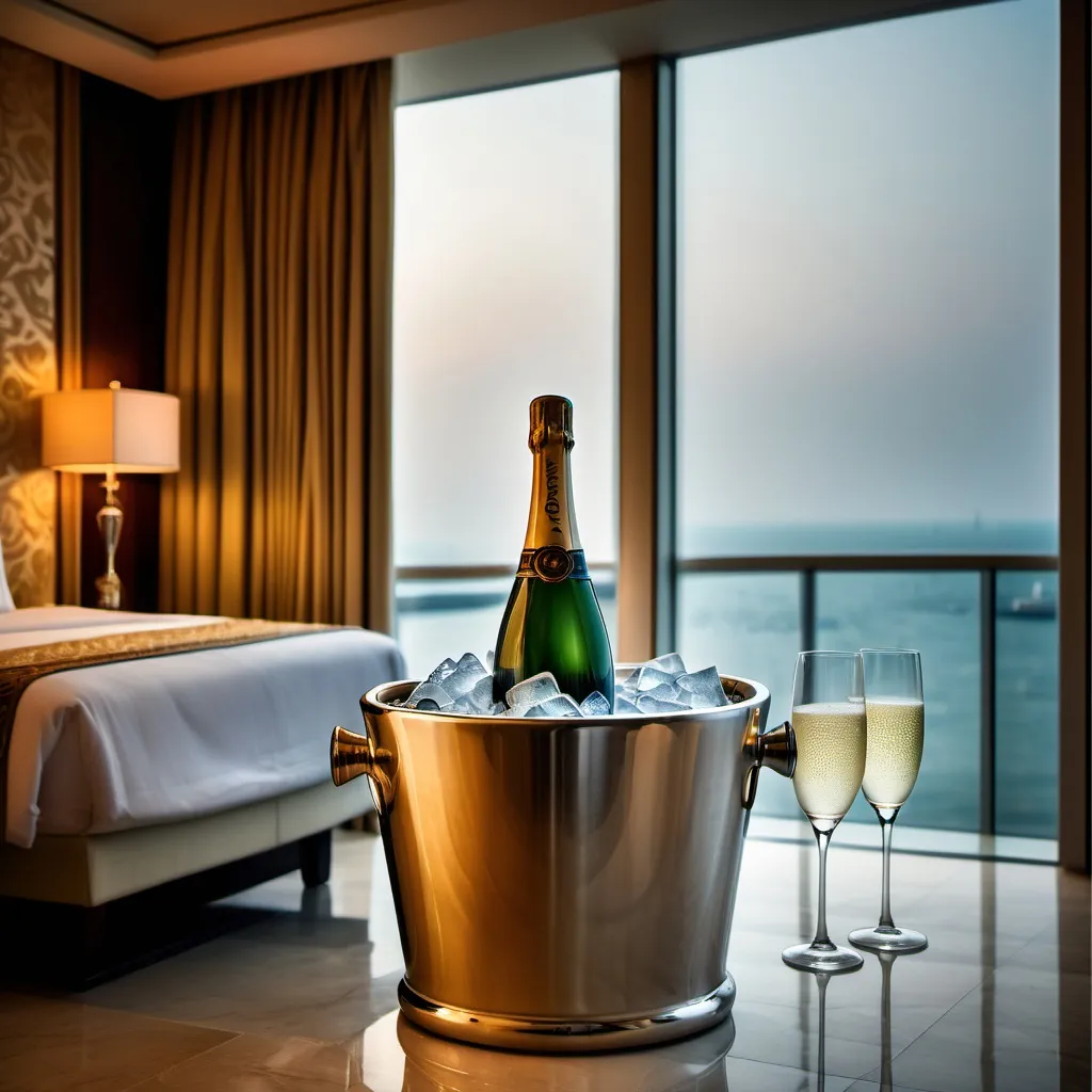 Prompt: An image of a champagne bottle in an Ice bucket, in a luxury hotel room with floor to ceiling windows, muslim fabric, sea view, dimmed lighting in the room, romatic touch