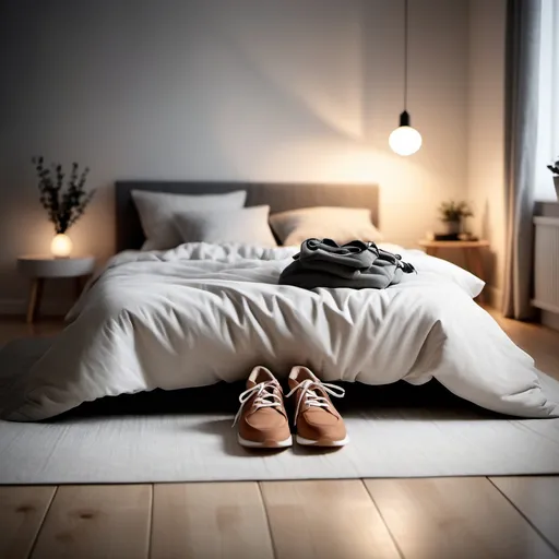 Prompt: a scandinavian design of a bed room, blurry background, dimmed lights in the room, a bag and shoes on the floor