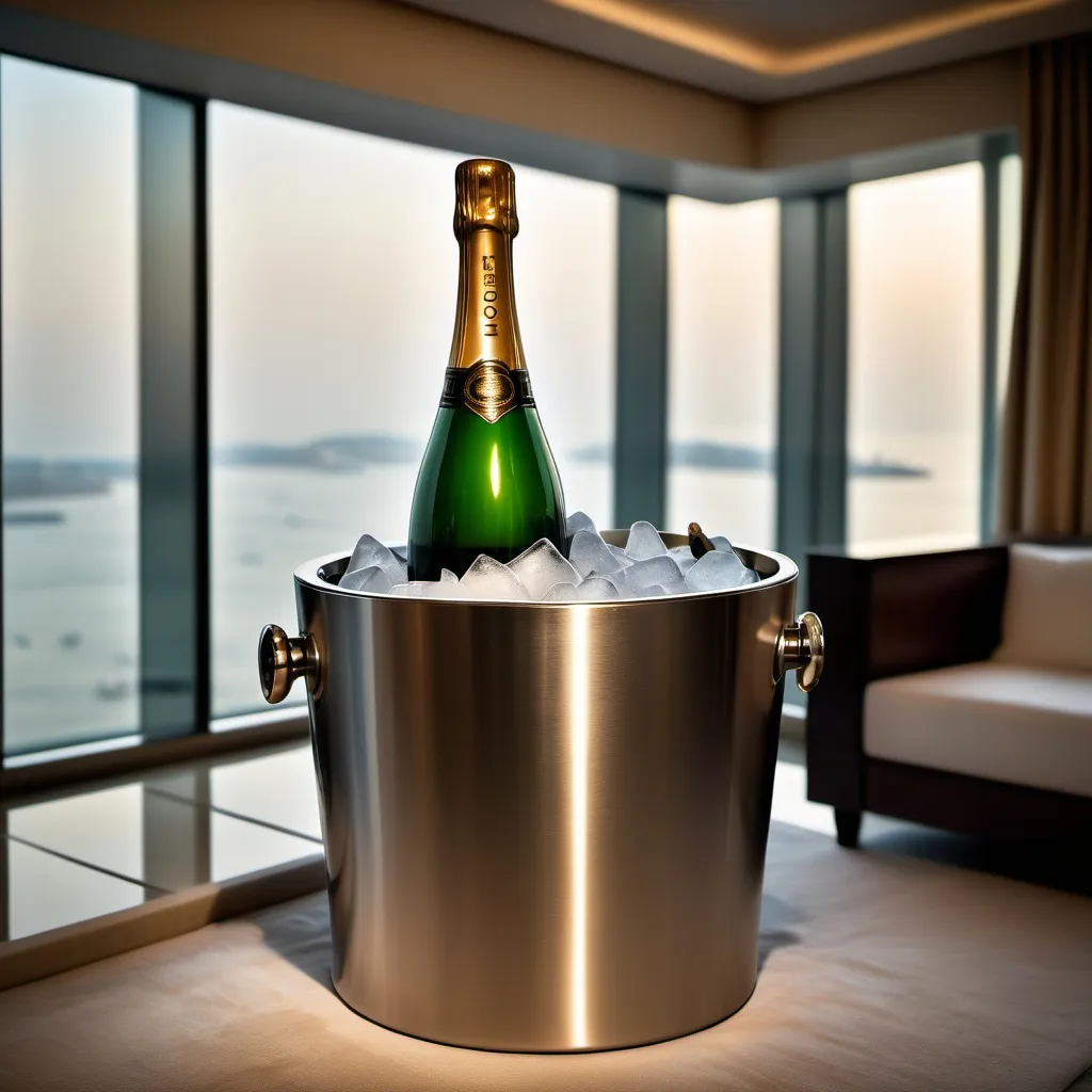 Prompt: An image of a champagne bottle in an Ice bucket, in a luxury hotel room with floor to ceiling windows, muslim fabric, sea view, dimmed lighting in the room, romatic touch