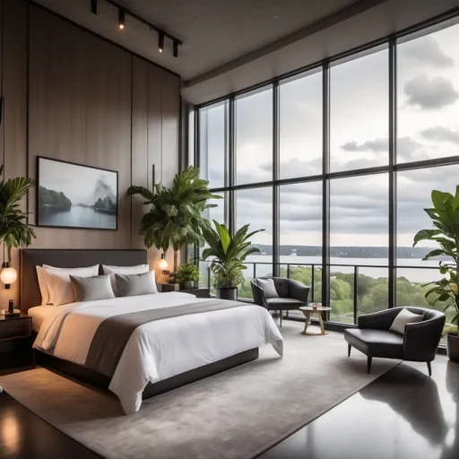 Prompt: create a loft suite in a luxury hotel, floor to ceiling windows, king size bed, cozy lightning, blurry background, view outside of archipelago, designer furniture, plants in the room