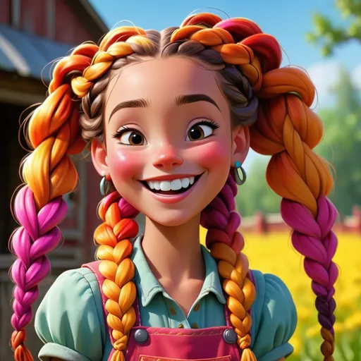 Prompt: Disney style farm girl with braids and a happy smile, vibrant colors, sunny