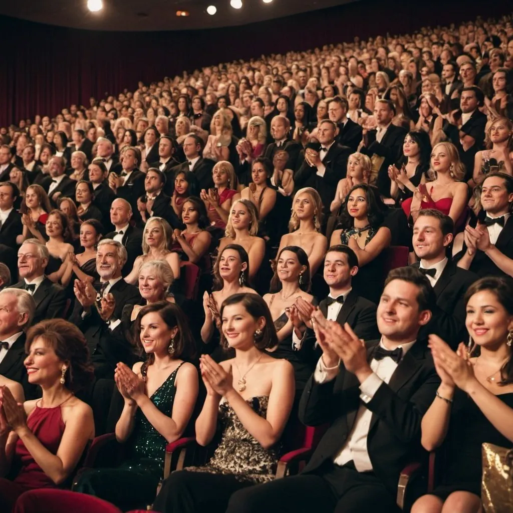 Prompt: a large crowd of people sitting in an auditorium at a glamourous awards show, clapping and cheering