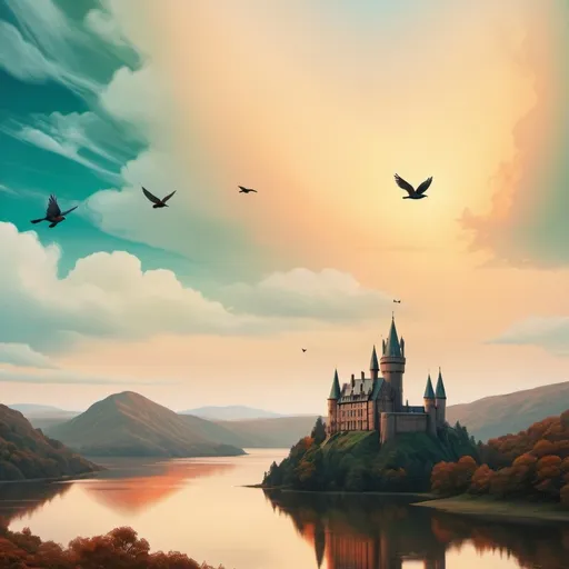 Prompt: a castle on a hill overlooking a lake and a bird flying over it in the sky with clouds in the background, Bascove, magic realism, matte painting, a matte painting, Art Deco (muted vintage-stained glass), expansive field with a serene lake at its center, a minuscule Hogwarts school on a towering cliff far in the background, captivating landscape scenery, dark green and burnt orange hues, seamless composition with no lines, tranquil and nostalgic ambiance, ultra-detailed, cinematic quality.