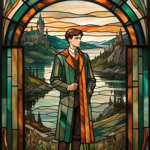 Prompt: Art Deco Muted Vintage-Stained Glass a large wide field with lake in the middle, a very tiny Hogwarts school of wizardry on a tall cliff in the far background Landscape dark green and burnt orange colors, no lines