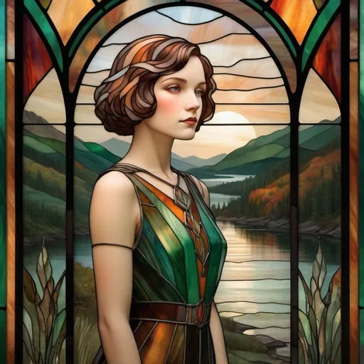 Prompt: Art Deco Muted Vintage-Stained Glass a large wide field with lake in the middle, a very tiny Hogwarts school of wizardry on a tall cliff in the far background Landscape dark green and burnt orange colors, no lines