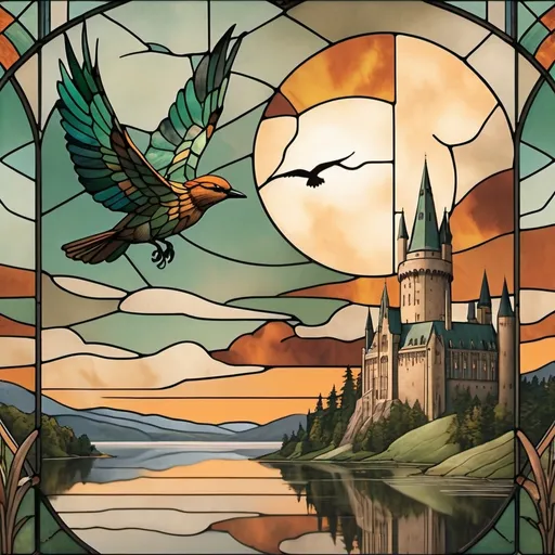 Prompt:  Art Deco,muted vintage-stained glass, expansive field with a serene lake at its center, a minuscule Hogwarts school on a towering cliff far in the background, captivating landscape scenery, dark green and burnt orange hues, seamless composition with no lines, a castle on a hill overlooking a lake and a bird flying over it in the sky with clouds in the background