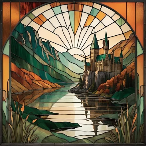 Prompt: Art Deco Muted Vintage-Stained Glass of a large wide field with lake in the middle, a very tiny Hogwarts school on a tall cliff in the far background Landscape scenery, dark green and burnt orange colors, no lines