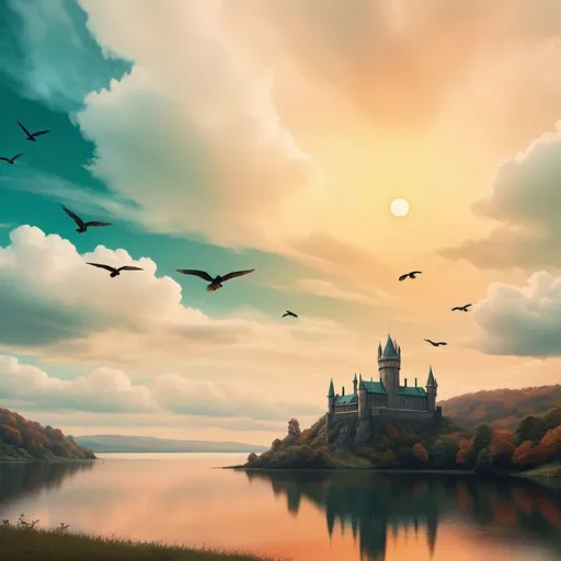 Prompt: a castle on a hill overlooking a lake and a bird flying over it in the sky with clouds in the background, Bascove, magic realism, matte painting, a matte painting, Art Deco (muted vintage-stained glass), expansive field with a serene lake at its center, a minuscule Hogwarts school on a towering cliff far in the background, captivating landscape scenery, dark green and burnt orange hues, seamless composition with no lines, tranquil and nostalgic ambiance, ultra-detailed, cinematic quality.