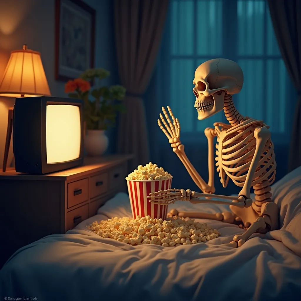 Prompt: a skeleton but its sit on the bed and watching tv when it eats popcorn