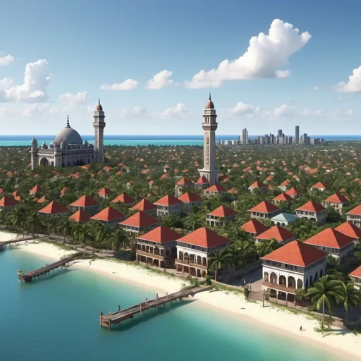 Prompt: Zanzibar megacity with Swahili architectural style, vibrant and rich color tones, high level of detail, 3D rendering, tropical, traditional motifs, African skyscrapers, scenic coastal views, high quality, ultra-detailed, vibrant colors, Swahili architecture, lush gardens, tropical cityscape, detailed 3D rendering, coastal setting, city lights, professional