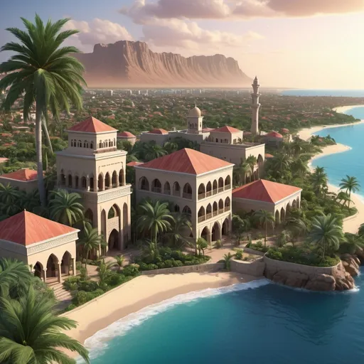 Prompt: tropical arab city with Swahili architectural style, vibrant color tones, high level of detail, 3D rendering, tropical, traditional motifs, scenic coastal views, high quality, ultra-detailed, vibrant colors, Swahili architecture, lush gardens, tropical cityscape, detailed 3D rendering, coastal setting, city lights, professional